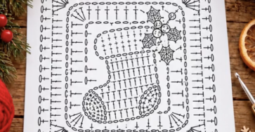 A crochet chart showing a Christmas stocking motif with holly leaves, centered on a square background with rounded corners and a decorative border.