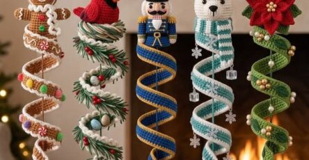A spiral crochet Christmas ornament with a gingerbread figure and holiday accents, hanging festively.