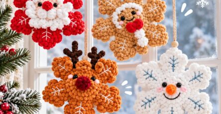 Four crochet Christmas ornaments shaped like snowflakes, each with Santa, reindeer, snowman, and gingerbread man faces, hanging near a window.