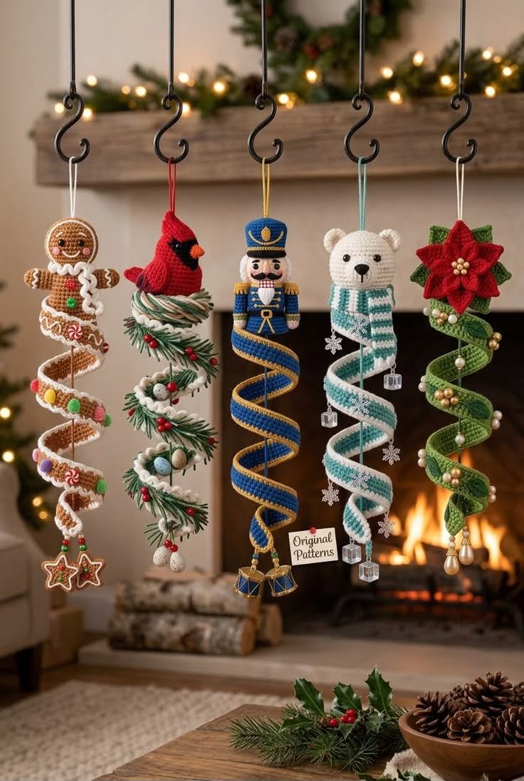 A spiral crochet Christmas ornament with a gingerbread figure and holiday accents, hanging festively.