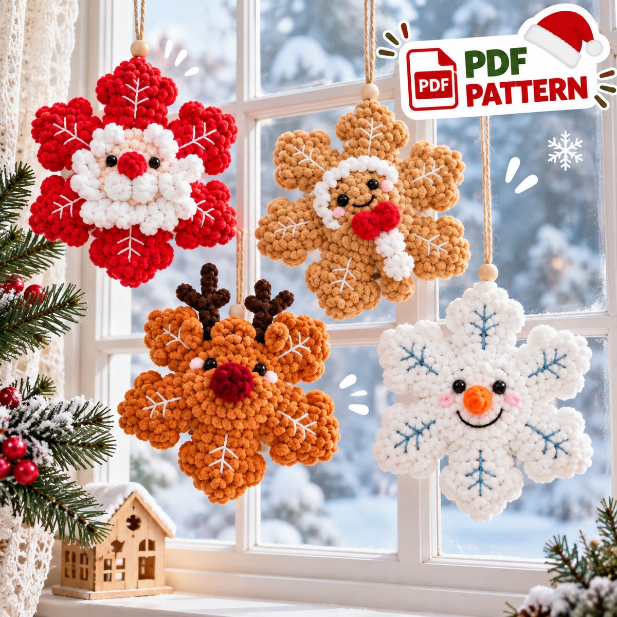 Four crochet Christmas ornaments shaped like snowflakes, each with Santa, reindeer, snowman, and gingerbread man faces, hanging near a window.