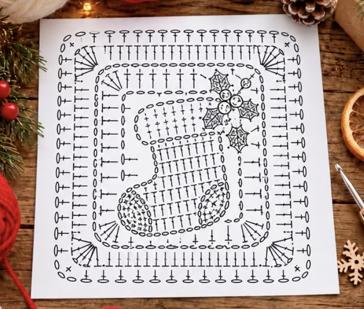 A crochet chart showing a Christmas stocking motif with holly leaves, centered on a square background with rounded corners and a decorative border.