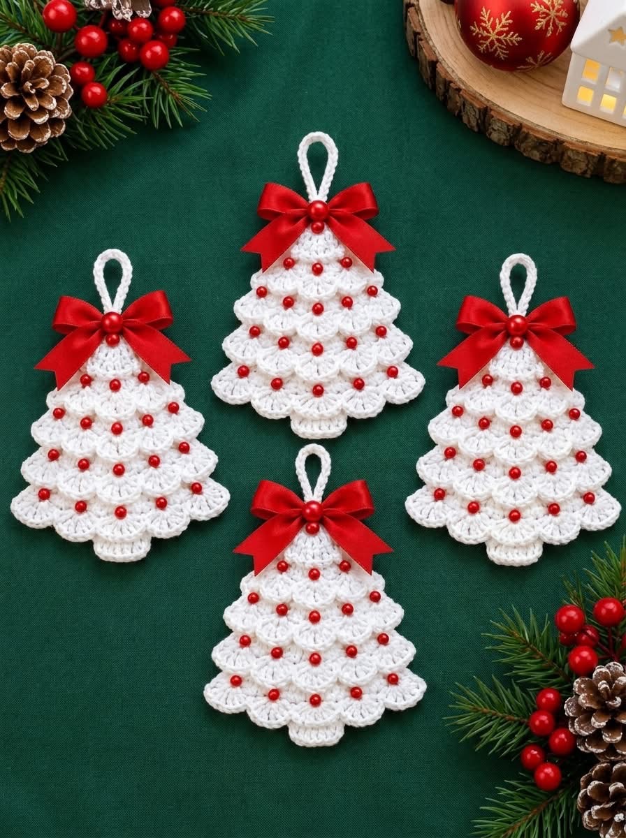 Four white crochet Christmas tree ornaments with scalloped layers, red beads, and red ribbon bows, arranged on a green background.