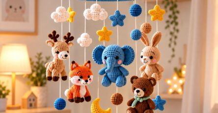 Crochet baby mobile with amigurumi woodland animals, clouds, stars, and moon hanging from a blue-covered ring above a crib.