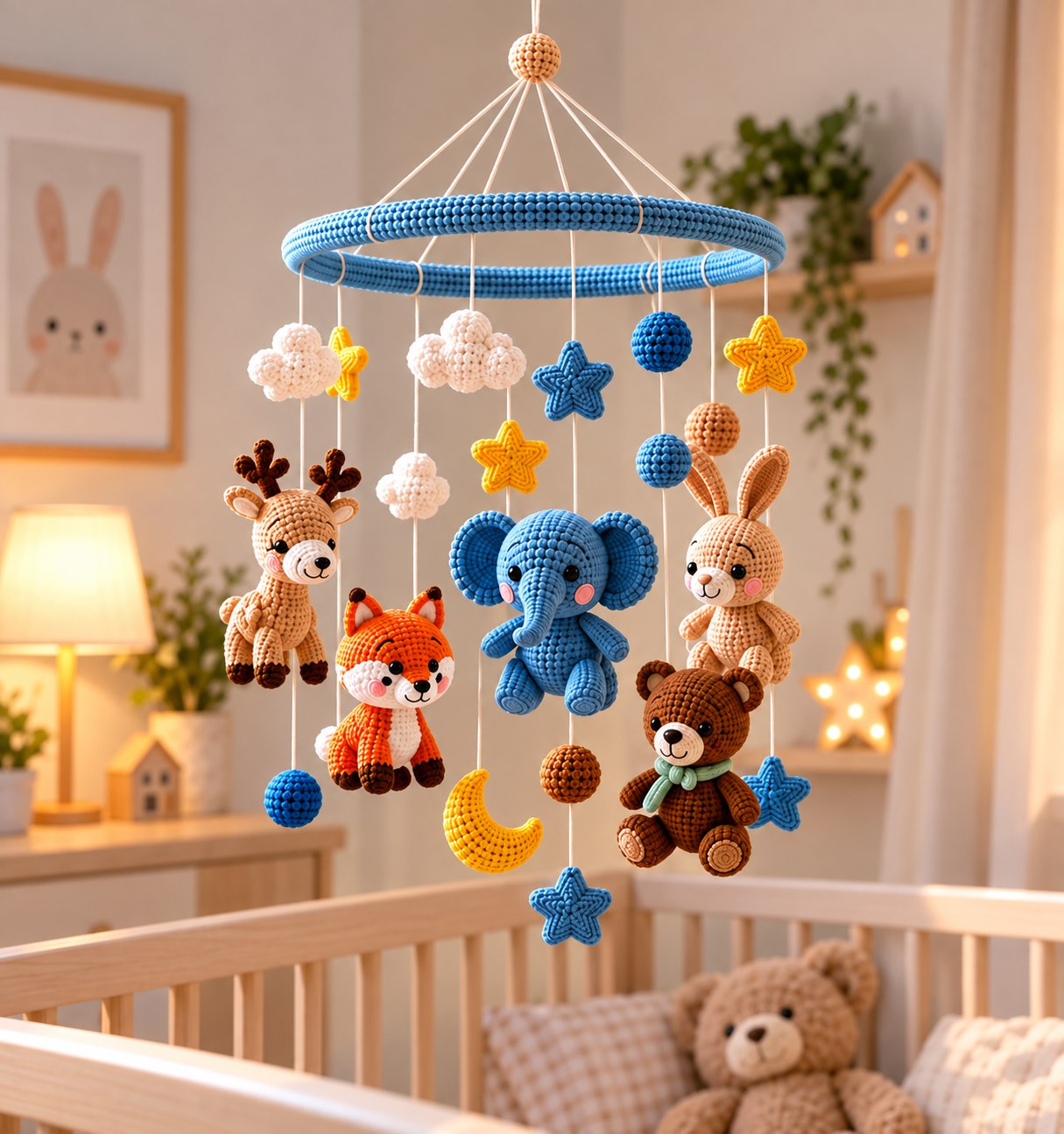 Crochet baby mobile with amigurumi woodland animals, clouds, stars, and moon hanging from a blue-covered ring above a crib.