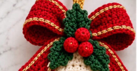 A crocheted Christmas bell ornament with a red bow, holly leaves and berries, gold beads, and a hanging loop.