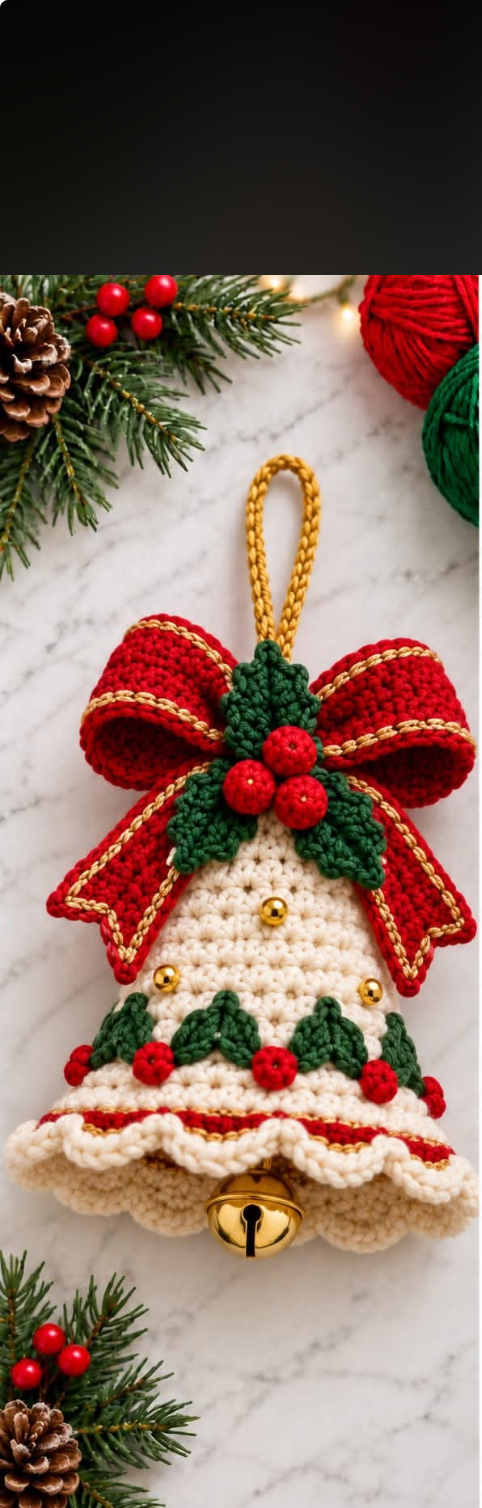 A crocheted Christmas bell ornament with a red bow, holly leaves and berries, gold beads, and a hanging loop.