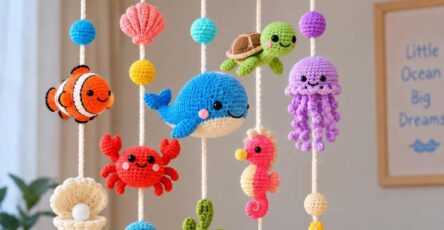 Crochet baby mobile featuring colorful amigurumi ocean creatures like fish, starfish, whale, crab, turtle, jellyfish, seaweed, and shells.