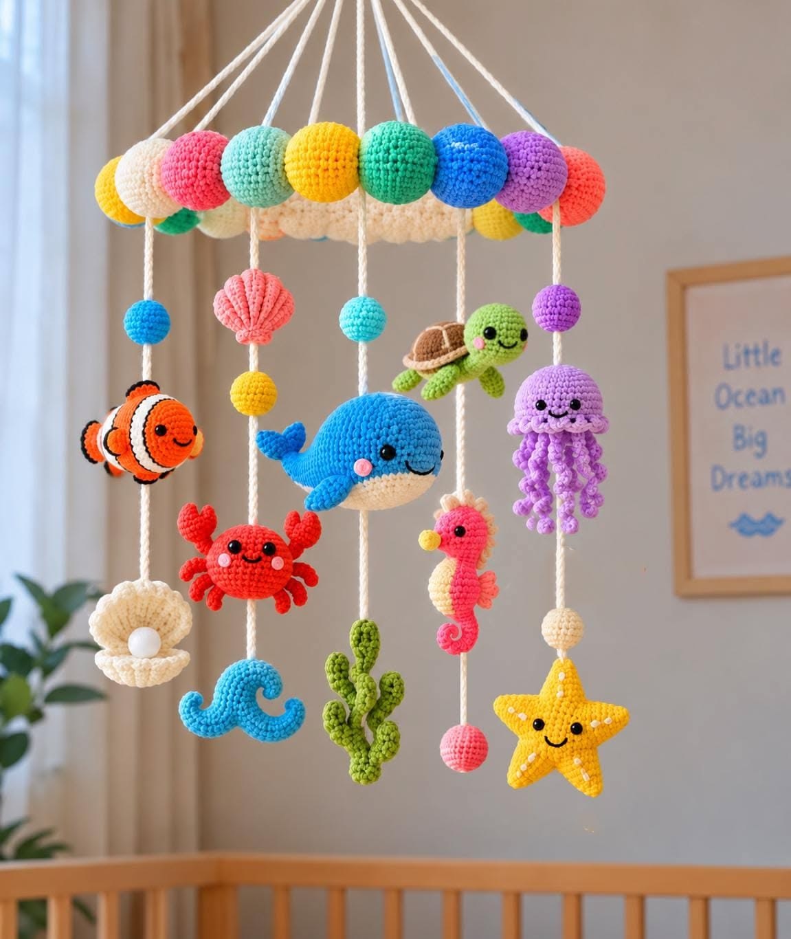 Crochet baby mobile featuring colorful amigurumi ocean creatures like fish, starfish, whale, crab, turtle, jellyfish, seaweed, and shells.