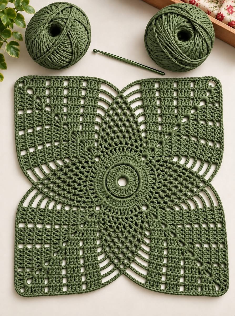 A green crochet square with a geometric flower motif in the center, surrounded by open and solid stitch panels.