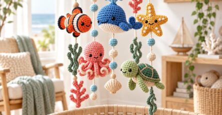 A crochet baby mobile with amigurumi sea animals, beads, shells, and seaweed, hanging above a crib in a coastal-themed nursery.