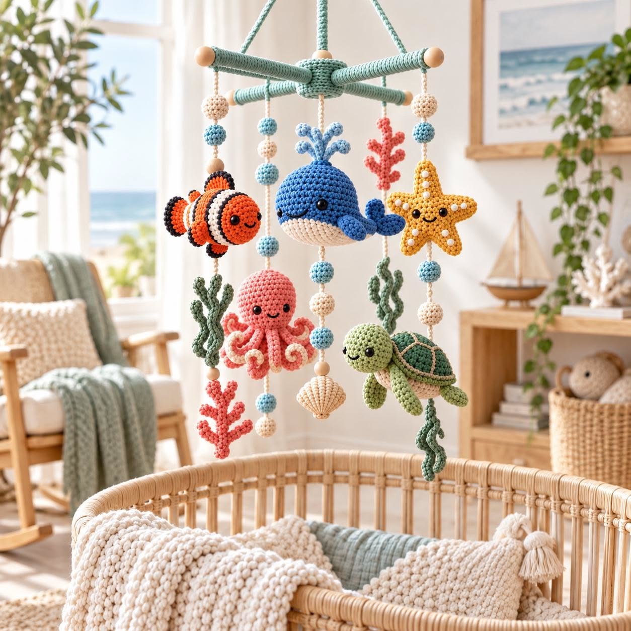 A crochet baby mobile with amigurumi sea animals, beads, shells, and seaweed, hanging above a crib in a coastal-themed nursery.