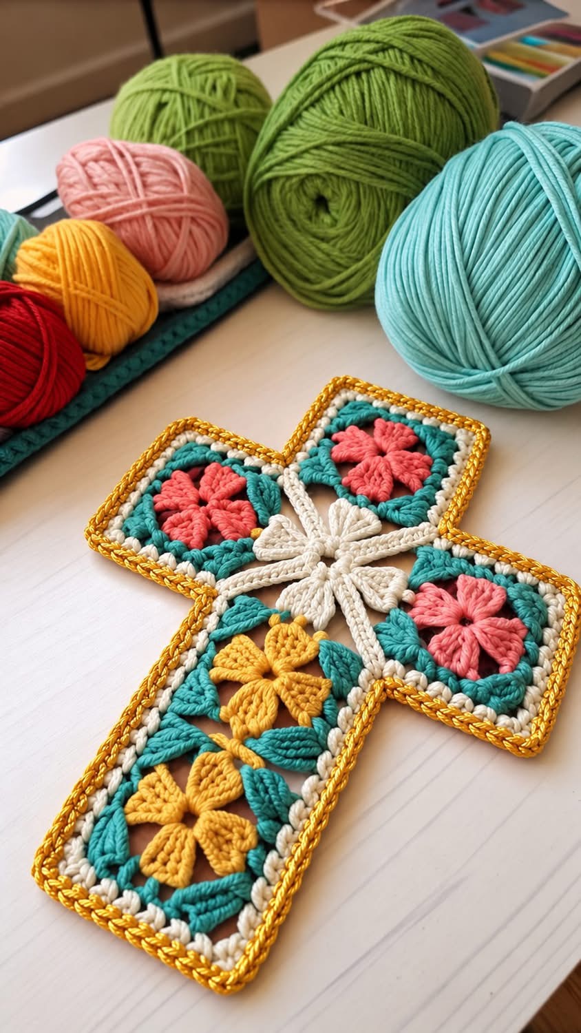 A crocheted cross made from vibrant granny squares with floral motifs, bordered in gold, surrounded by balls of yarn in various colors.