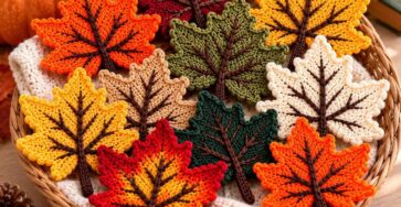 Basket of crocheted maple leaf appliqués in autumn colors including red, orange, yellow, tan, and green with realistic vein details.