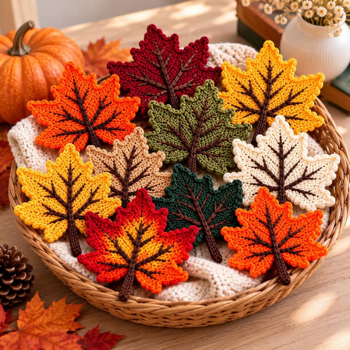 Basket of crocheted maple leaf appliqués in autumn colors including red, orange, yellow, tan, and green with realistic vein details.
