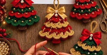 Handmade layered crochet Christmas tree ornaments in red, green, and gold with pearl beads and bows beside yarn and a crochet diagram.