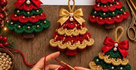 Handmade layered crochet Christmas tree ornaments in red, green, and gold with pearl beads and bows beside yarn and a crochet diagram.