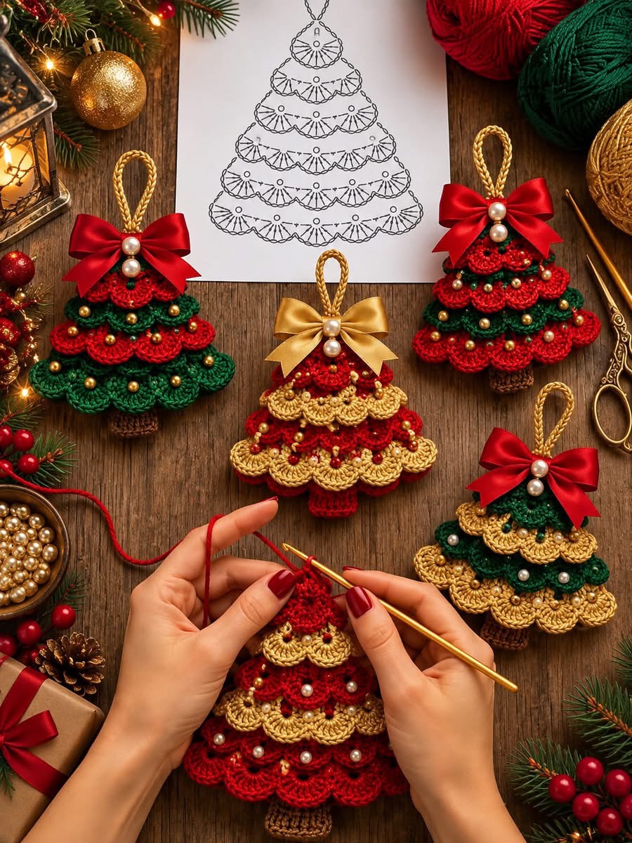 Handmade layered crochet Christmas tree ornaments in red, green, and gold with pearl beads and bows beside yarn and a crochet diagram.