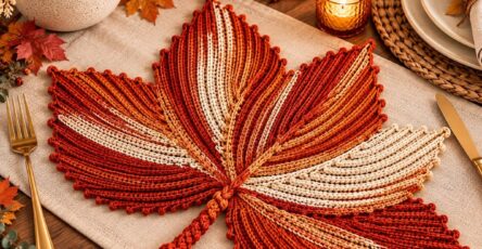 A large, multicolored crochet placemat in the shape of a maple leaf with red, orange, and cream stripes and a textured border on a dining table.