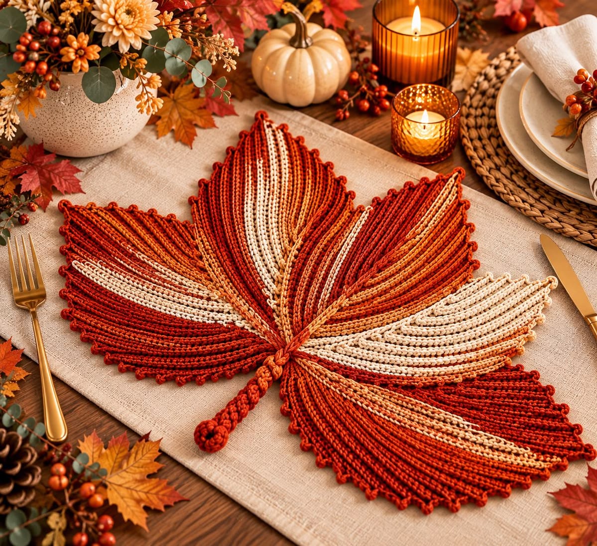 A large, multicolored crochet placemat in the shape of a maple leaf with red, orange, and cream stripes and a textured border on a dining table.