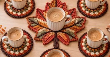 A crocheted table set featuring a large maple leaf trivet in autumn colors and six matching round coasters with cups, arranged on a table.