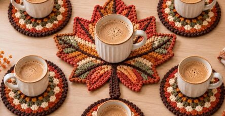 A crocheted table set featuring a large maple leaf trivet in autumn colors and six matching round coasters with cups, arranged on a table.