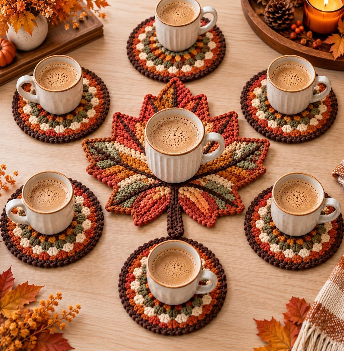 A crocheted table set featuring a large maple leaf trivet in autumn colors and six matching round coasters with cups, arranged on a table.
