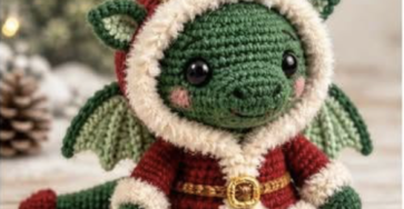 A crocheted green dragon plushie wearing a red holiday hooded coat with white trim, gold horns, and green wings.