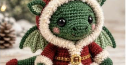 A crocheted green dragon plushie wearing a red holiday hooded coat with white trim, gold horns, and green wings.
