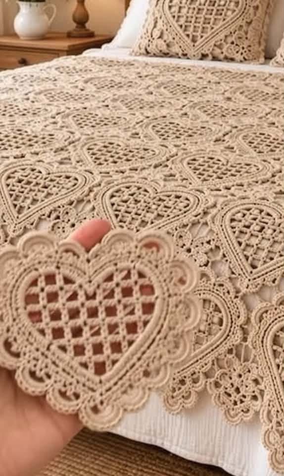 A close-up of a beige crochet bedspread made of lace heart motifs joined together, with a matching pillow.