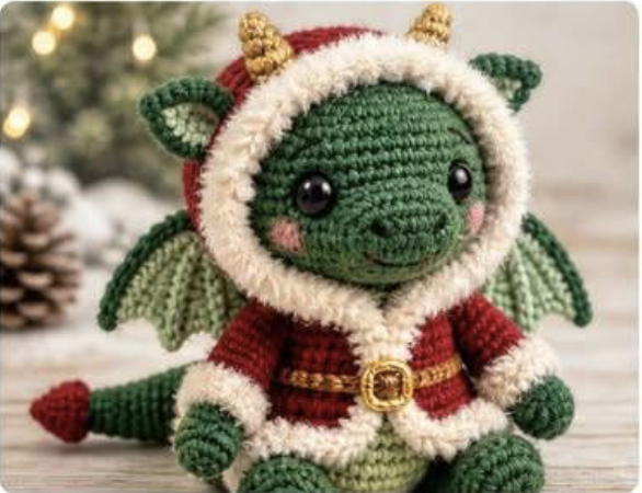 A crocheted green dragon plushie wearing a red holiday hooded coat with white trim, gold horns, and green wings.