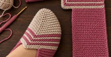 A pair of handmade crochet slippers, one slipper on a foot, the other flat with visible construction in pink and beige yarn.