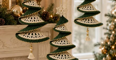 Three spiral crochet Christmas tree ornaments in green and cream, with beaded gold trim, lacy sections, and a star and tassel decoration.