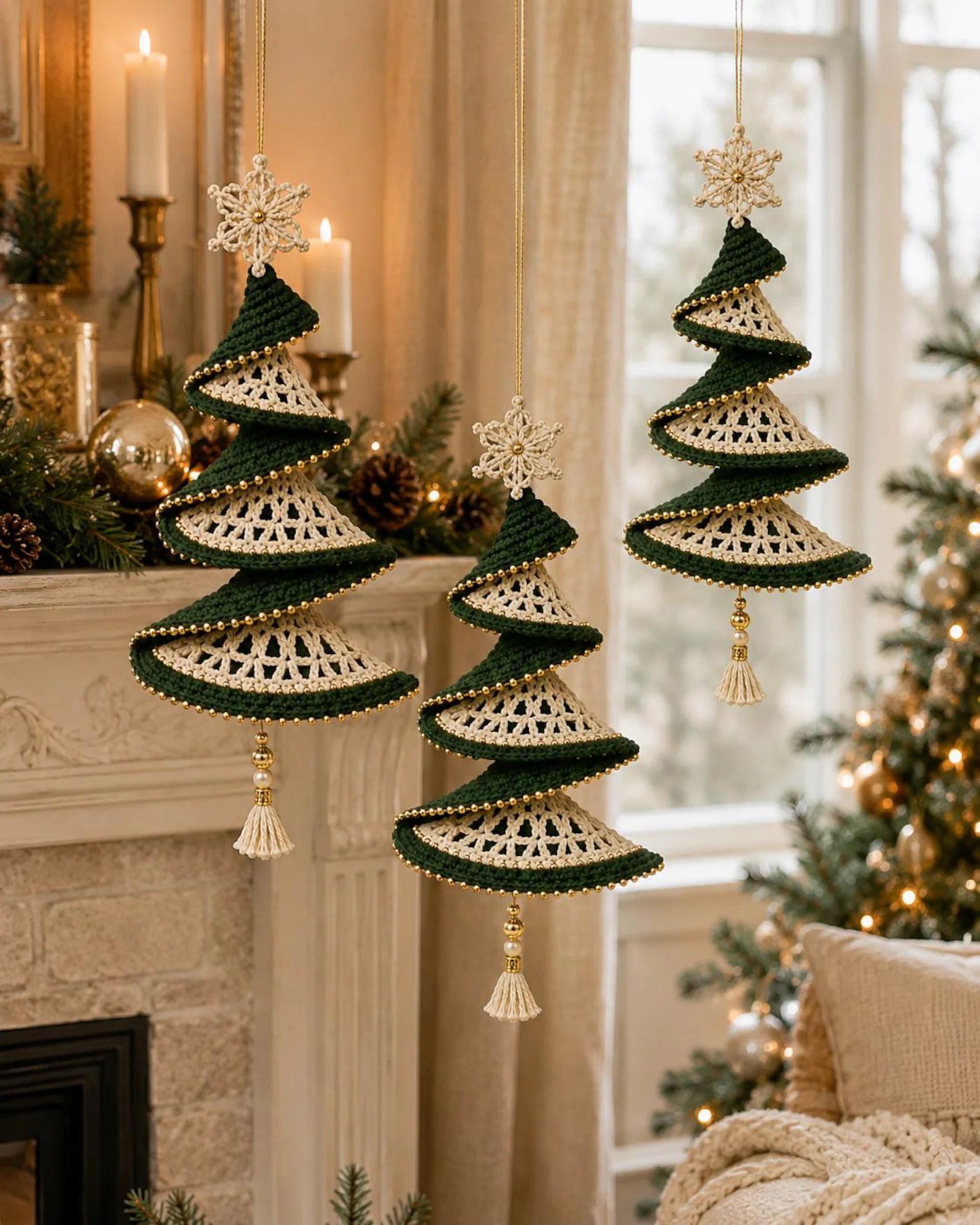 Three spiral crochet Christmas tree ornaments in green and cream, with beaded gold trim, lacy sections, and a star and tassel decoration.