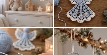 Handmade crochet angel ornaments in pale blue and white displayed as Christmas decorations with a drawn crochet chart in the background.