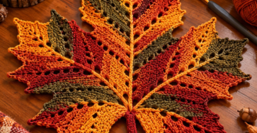 A large crocheted maple leaf mat in autumn colors of red, orange, and green, displayed on a table with candles and pumpkins.