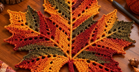 A large crocheted maple leaf mat in autumn colors of red, orange, and green, displayed on a table with candles and pumpkins.