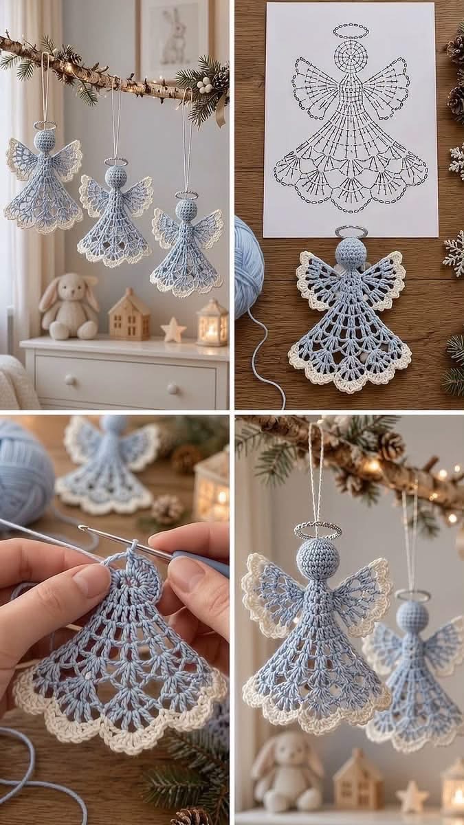 Handmade crochet angel ornaments in pale blue and white displayed as Christmas decorations with a drawn crochet chart in the background.