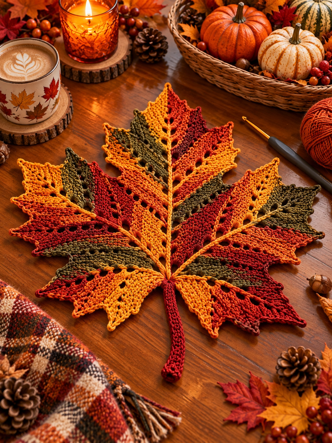 A large crocheted maple leaf mat in autumn colors of red, orange, and green, displayed on a table with candles and pumpkins.