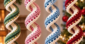 Four crocheted spiral Christmas ornaments in green, pink, blue, and red with white and yellow accents, each topped with a yellow crochet star.