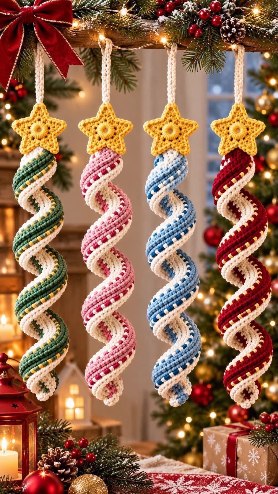 Four crocheted spiral Christmas ornaments in green, pink, blue, and red with white and yellow accents, each topped with a yellow crochet star.