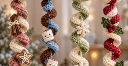 Four amigurumi Christmas ornaments in the shape of spiral treats: a cinnamon roll, hot cocoa mug, green macaron, and red-and-white peppermint candy, all with smiling faces and festive embellishments.