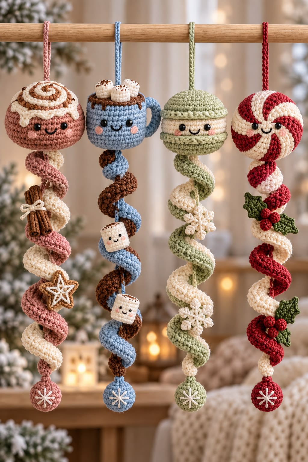 Four amigurumi Christmas ornaments in the shape of spiral treats: a cinnamon roll, hot cocoa mug, green macaron, and red-and-white peppermint candy, all with smiling faces and festive embellishments.
