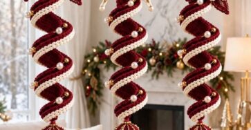 Three crocheted spiral Christmas ornaments in burgundy and cream with elaborate flowers, a butterfly, pearls, gold accents, and hanging in a cozy festive living room.
