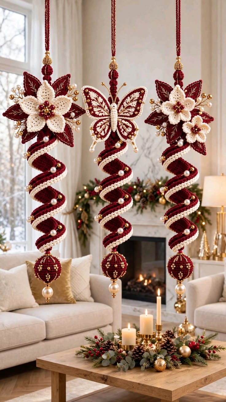 Three crocheted spiral Christmas ornaments in burgundy and cream with elaborate flowers, a butterfly, pearls, gold accents, and hanging in a cozy festive living room.