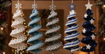 Five spiral crocheted Christmas tree ornaments with beaded edges, snowflake charms, and star toppers in blue, white, and silver.