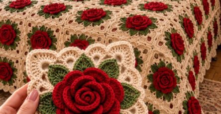 A vintage-style crochet blanket and pillows featuring red 3D rose motifs with green leaves, joined in cream-colored granny squares on a bed.