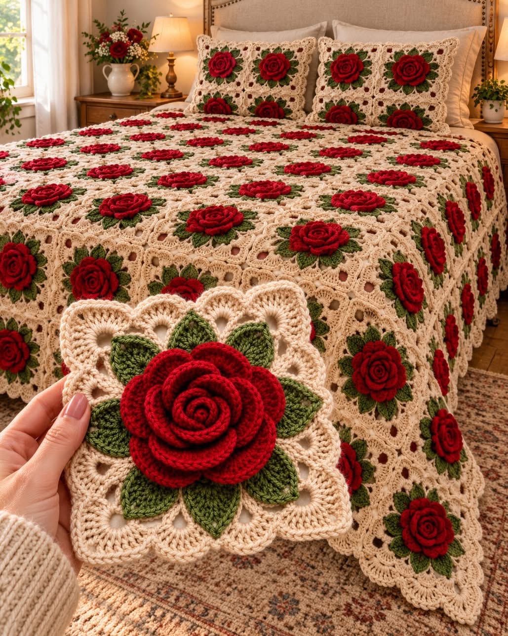 A vintage-style crochet blanket and pillows featuring red 3D rose motifs with green leaves, joined in cream-colored granny squares on a bed.