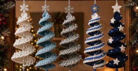 Five spiral crocheted Christmas tree ornaments with beaded edges, snowflake charms, and star toppers in blue, white, and silver.