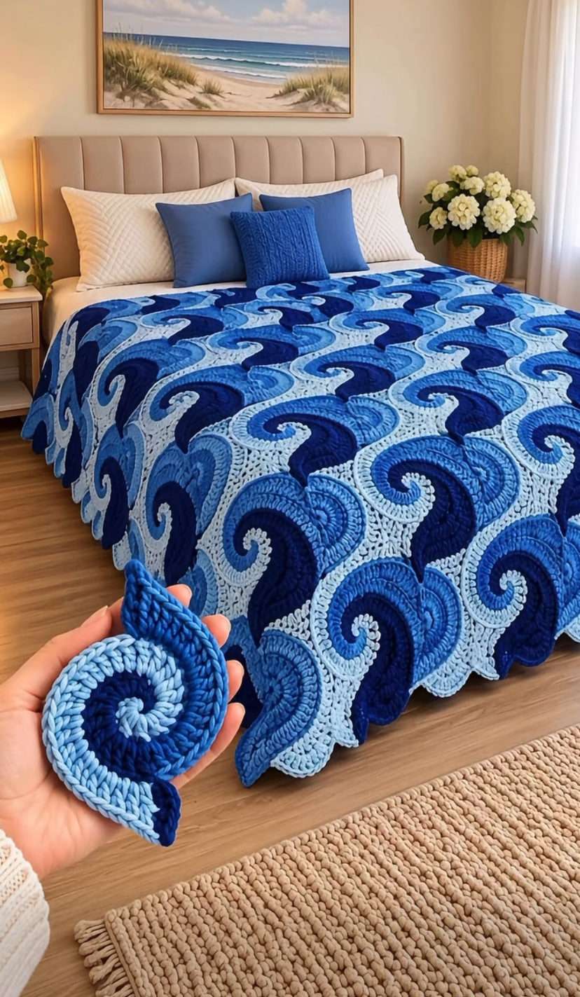 A bed covered with a crochet blanket made of blue layered spiral motifs, resembling ocean waves, with a person holding one motif in the foreground.